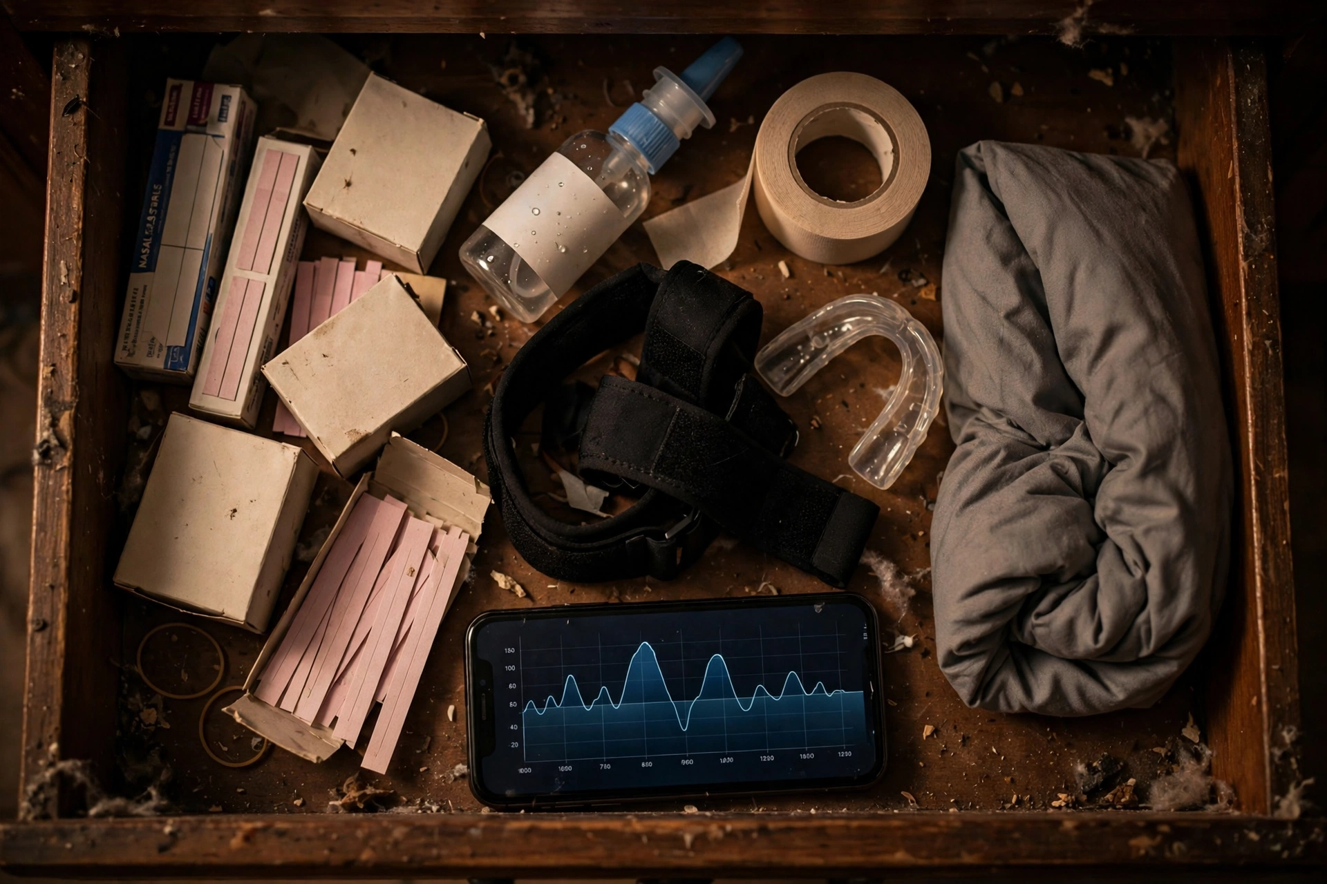A bathroom drawer full of failed anti-snoring products: strip boxes, spray, mouth tape, chin strap, mouthguard, snore app, wedge pillow