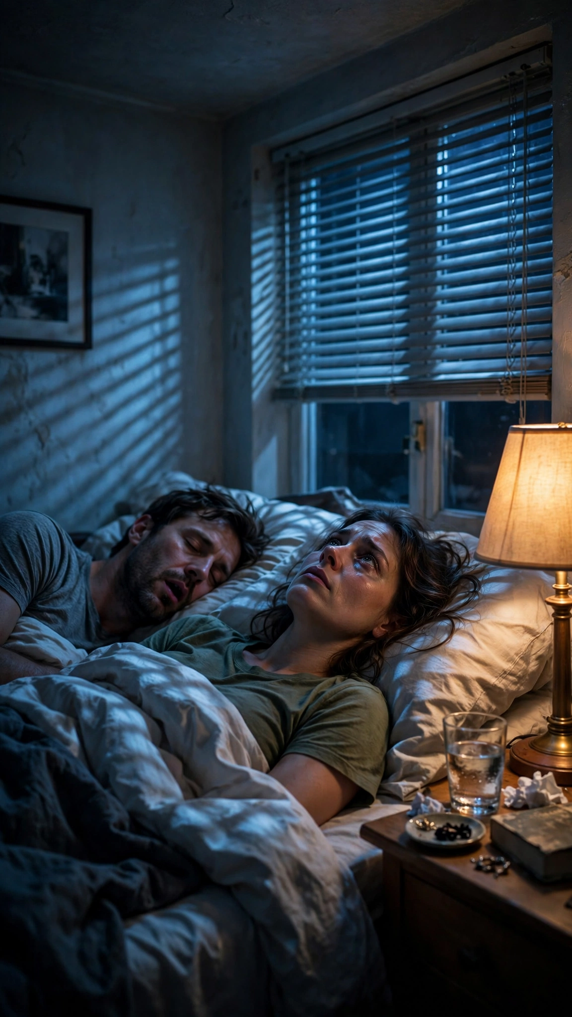 2:07 AM: one partner lies awake staring at the ceiling while the other snores beside them