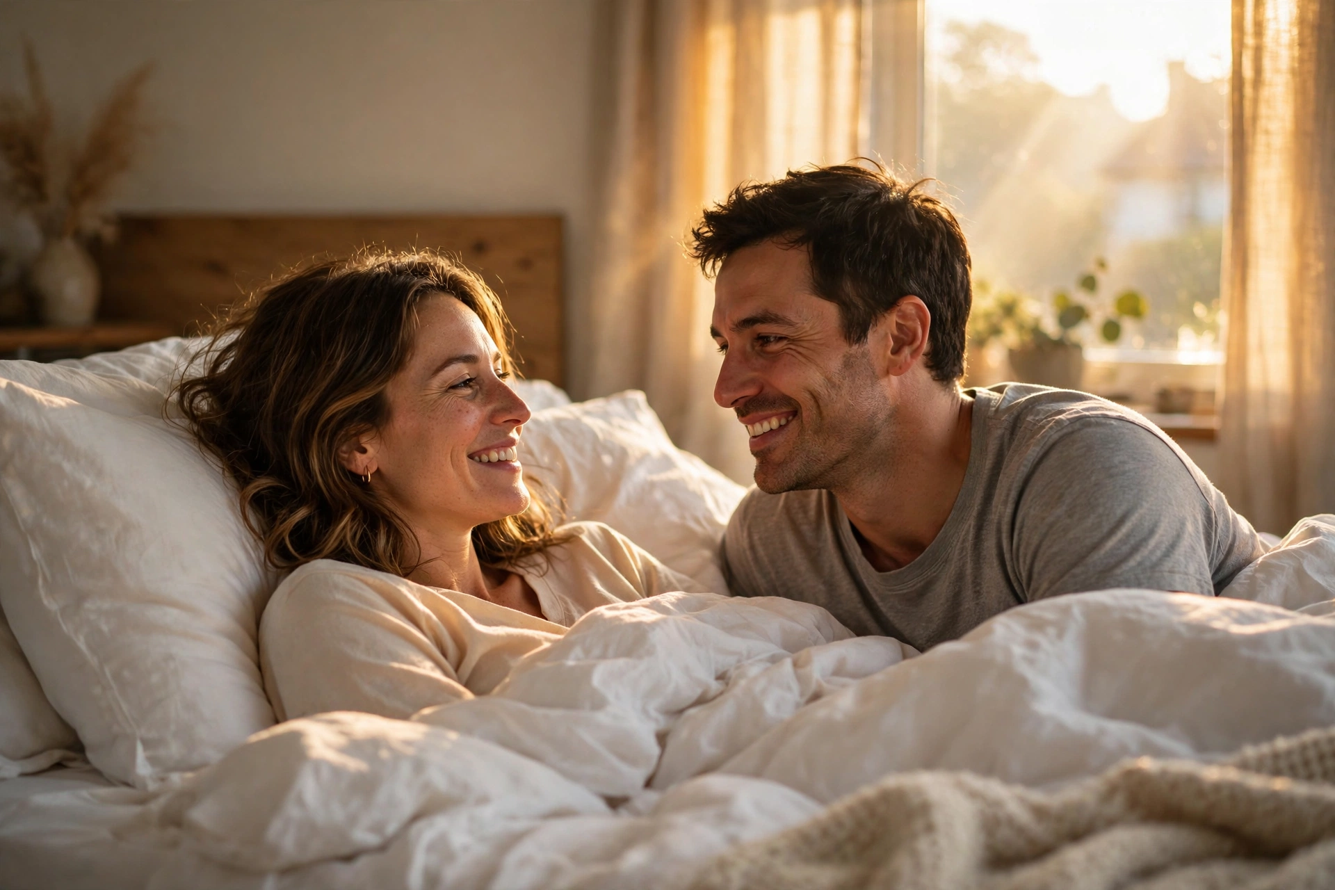 A couple waking up rested in warm morning light